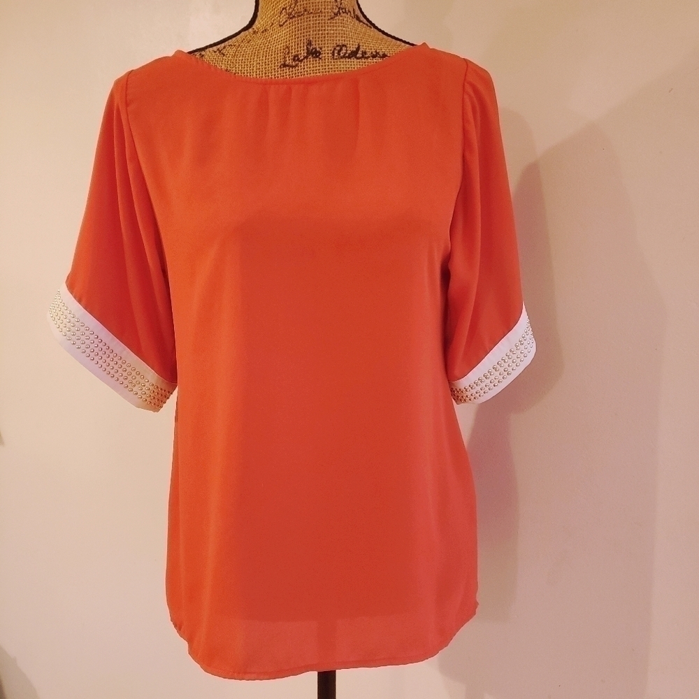 Moonlight Blouse Orange White Gold Studded Sleeve Women's Small S Flowy EUC